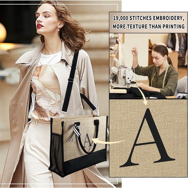 YOOLIFE Gifts for Women - Initial Jute Tote Bag & Makeup Bag, Valentines Day Gifts for Her Teacher Mom Wife Friend Birthday - Image 2